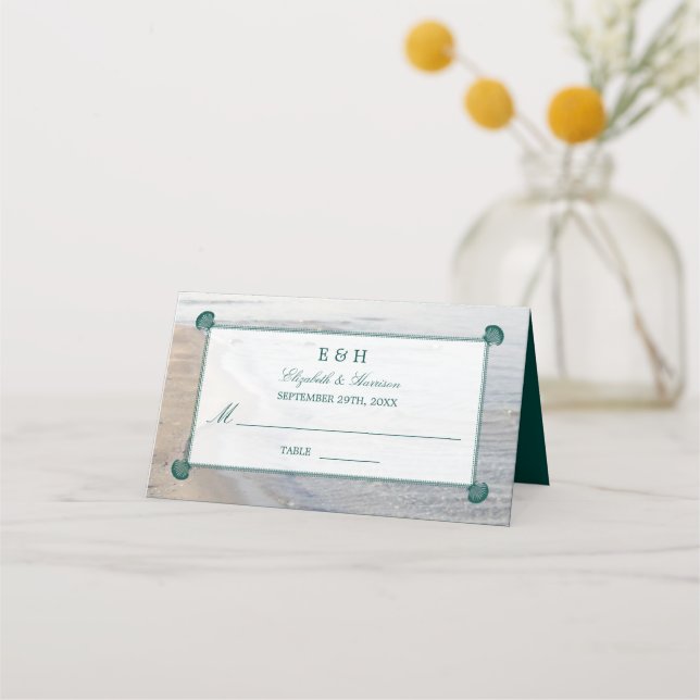 Elegant Monogram & Teal Scallop Beach Wedding Place Card (Front)