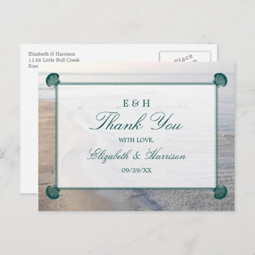 Elegant Monogram  Teal Scallop Beach Wedding Postcard