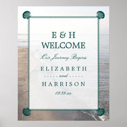 Elegant Monogram  Teal Scallop Beach Wedding Poster