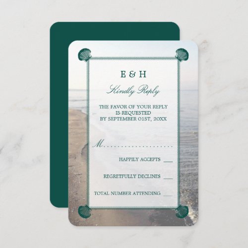 Elegant Monogram  Teal Scallop Beach Wedding RSVP Card