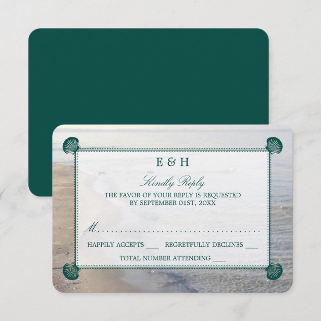 Elegant Monogram & Teal Scallop Beach Wedding RSVP Card (Front/Back)