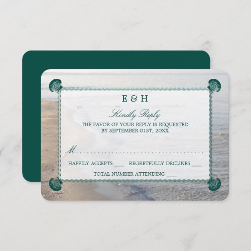 Elegant Monogram  Teal Scallop Beach Wedding RSVP Card