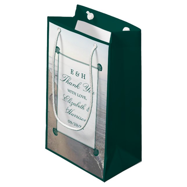 Elegant Monogram & Teal Scallop Beach Wedding Small Gift Bag (Front Angled)