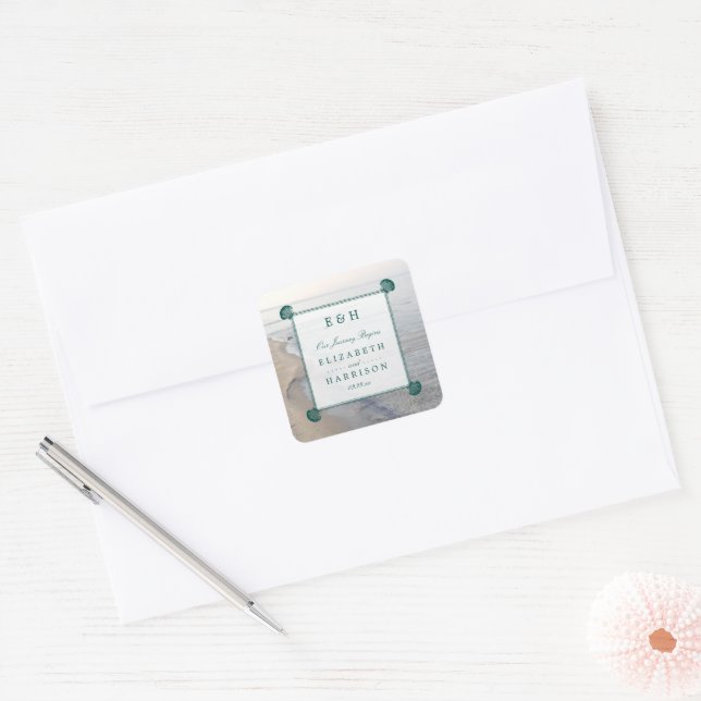 Elegant Monogram & Teal Scallop Beach Wedding Square Sticker (Envelope)