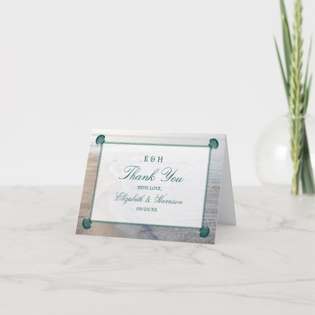 Elegant Monogram & Teal Scallop Beach Wedding Thank You Card (Front)