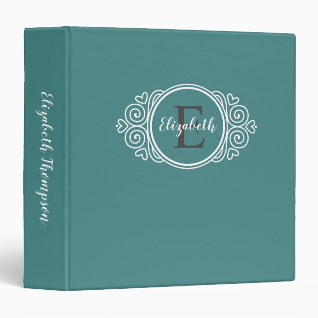Elegant Monogram Teal Script Name Initial 3 Ring Binder (Front/Spine)