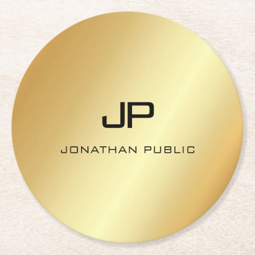 Elegant Monogram Template Modern Faux Gold Round Paper Coaster