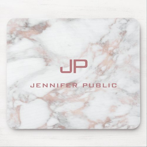 Elegant Monogram Template Rose Gold White Marble Mouse Pad