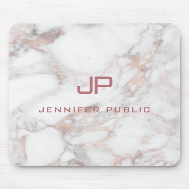 Elegant Monogram Template Rose Gold White Marble Mouse Pad (Front)