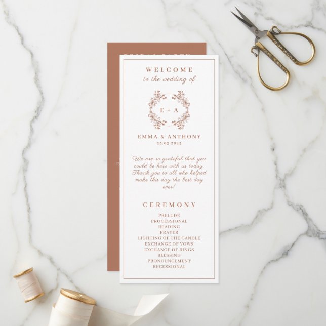 Elegant Monogram Terracota Wedding Program (Front/Back In Situ)
