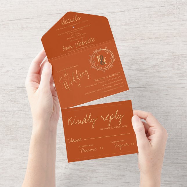 Elegant Monogram Terracotta Gold Wreath  Wedding All In One Invitation (Tearaway)