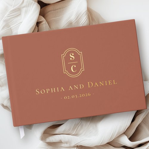 Elegant monogram terracotta wedding names date foil guest book 