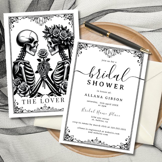 Elegant Monogram Till Death Do Us Part Tarot Invit Invitation (Elegant tarot-inspired bridal shower invitations featuring skeleton lovers.)