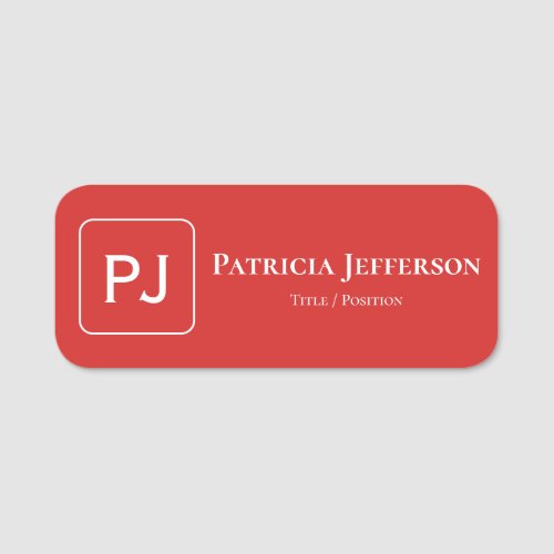 Elegant Monogram Tomato Red Modern Professional Name Tag