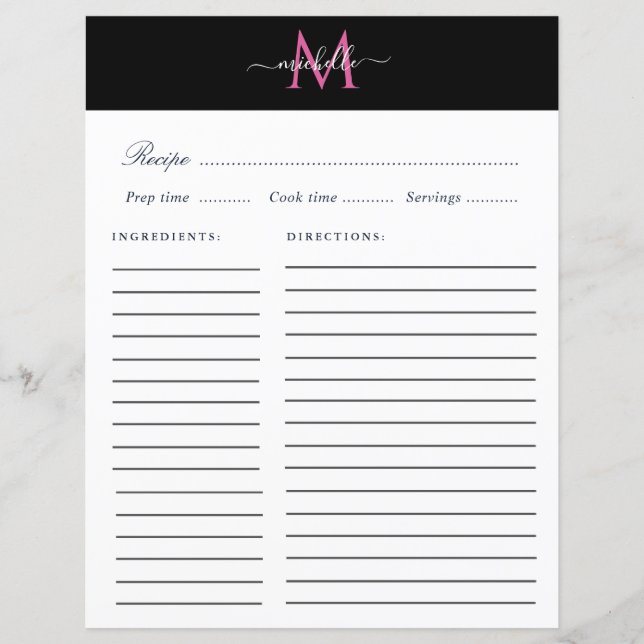 elegant monogram trendy script recipe card (Front)
