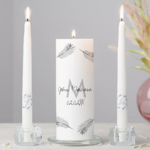 Elegant Monogram Tropical Palm Leaf Gray Unity Candle Set