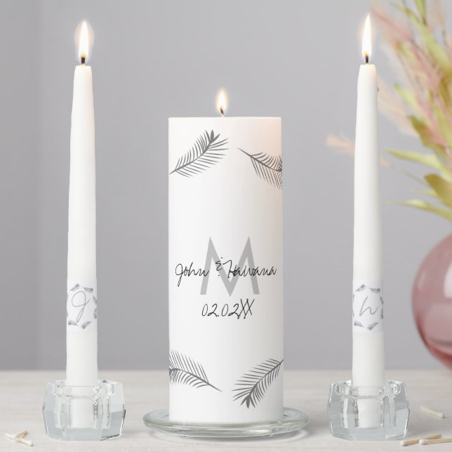 Elegant Monogram Tropical Palm Leaf Gray Unity Candle Set (In Situ)