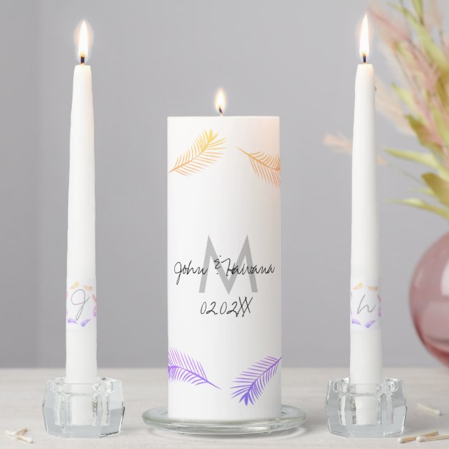 Elegant Monogram Tropical Palm Leaf Rainbow Unity Candle Set (In Situ)