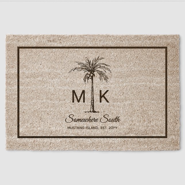 Elegant Monogram Tropical Palm Tree Custom Fiber Doormat (Front)