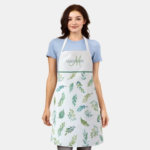 Elegant Monogram Turquoise and Green Leaf Pattern Apron