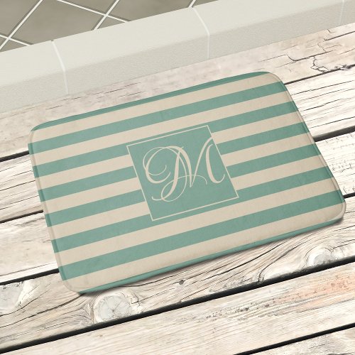 Elegant Monogram Turquoise Cream Stripes Coastal Bath Mat