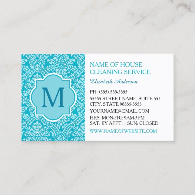 Elegant Monogram Turquoise Damask Housekeeping Business Card (Front)