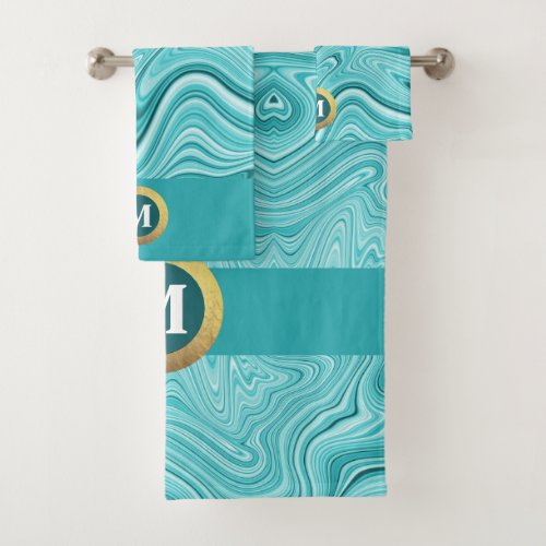 Elegant monogram turquoise fluid marble bath towel set