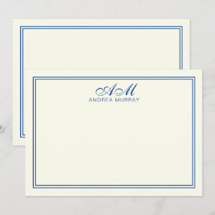 Elegant Monogram Two Border Navy Blue Ivory Note Card