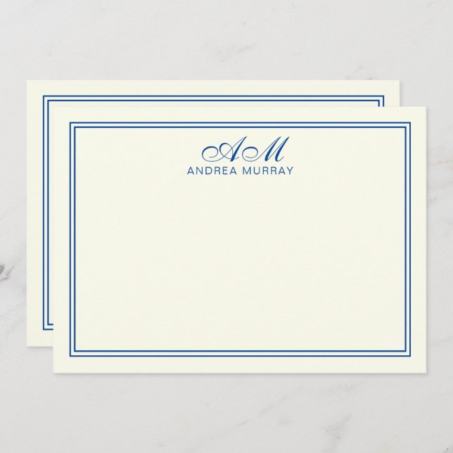 Elegant Monogram Two Border Navy Blue Ivory Note Card (Front/Back)