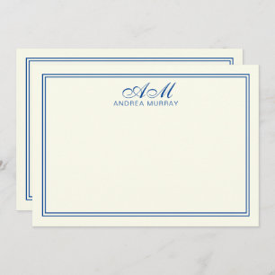 Elegant Monogram Two Border Navy Blue Ivory Note Card
