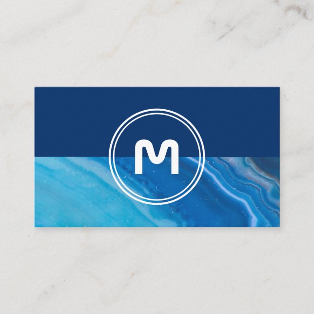 Elegant monogram two tone deep blue crystal business card (Front)