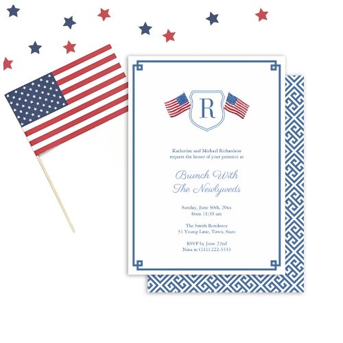 Elegant Monogram USA Flag Newlyweds Brunch Wedding Invitation