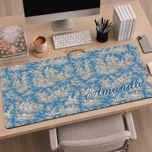 Elegant Monogram Vintage Blue Toile de Jouy Desk Mat