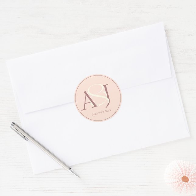 Elegant Monogram Warm Pinkish Earth Tones Wedding Classic Round Sticker (Envelope)