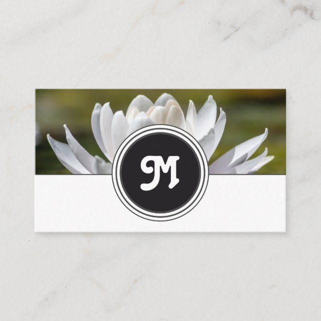 Elegant monogram water lily florist white gray business card (Front)