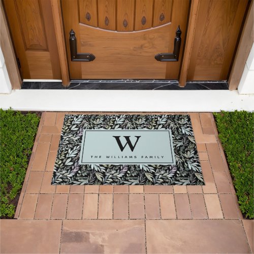 Elegant Monogram Watercolor Black Blue Leaves Doormat