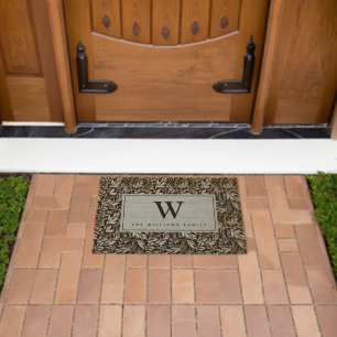 Elegant Monogram Watercolor Black Blue Leaves Fiber Doormat
