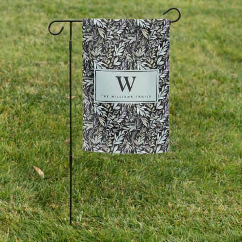 Elegant Monogram Watercolor Black Blue Leaves Garden Flag