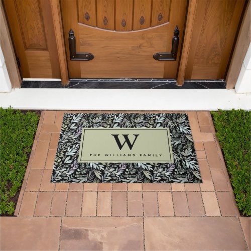 Elegant Monogram Watercolor Black Green Leaves Doormat