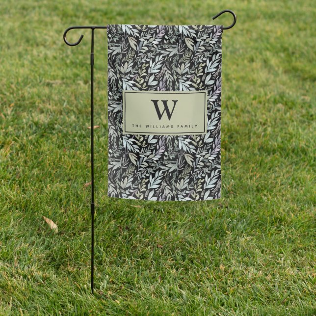 Elegant Monogram Watercolor Black Green Leaves Garden Flag (In SItu)