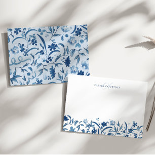 Elegant Monogram Watercolor Blue Floral Note Card