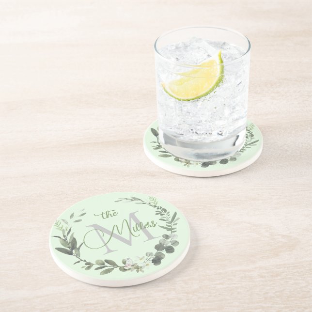 Elegant Monogram Watercolor Botanical Family Name Coaster (Side)