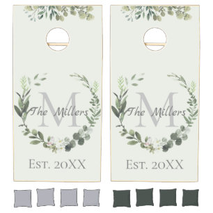 Elegant Monogram Watercolor Botanical Family Name Cornhole Set
