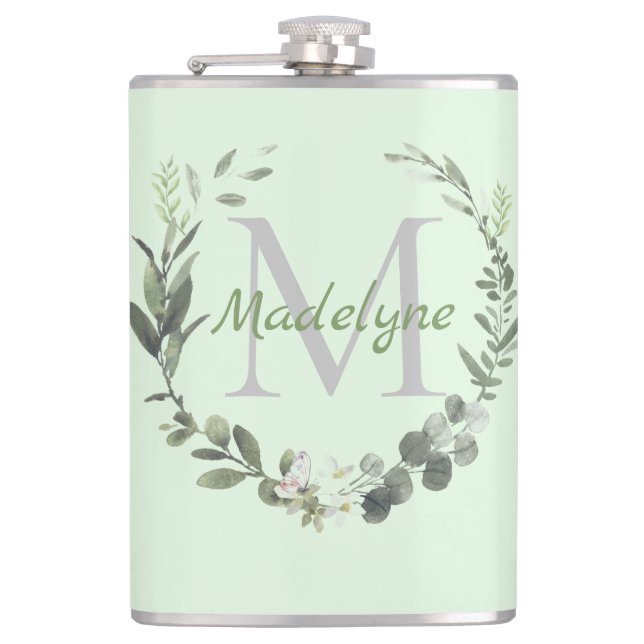 Elegant Monogram Watercolor Botanical Wreath Flask (Front)