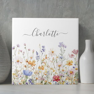 Elegant Monogram Watercolor Colorful Wildflower Ceramic Tile