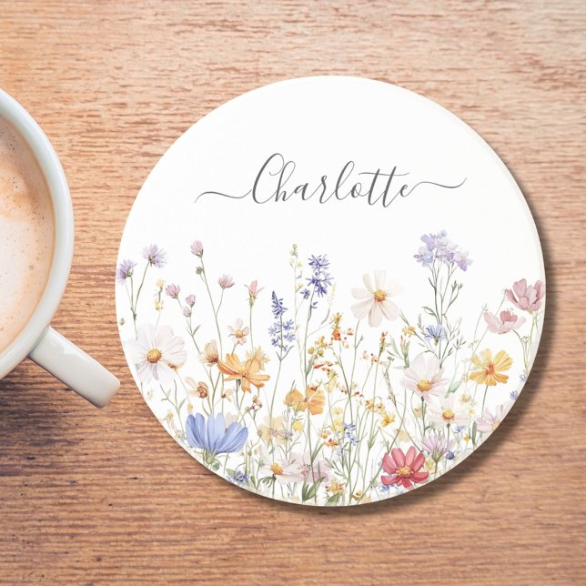 Elegant Monogram Watercolor Colorful Wildflower Coaster (In situ)
