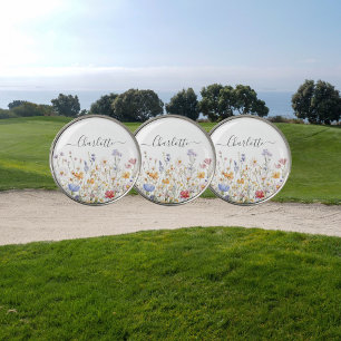 Elegant Monogram Watercolor Colorful Wildflower Golf Ball Marker