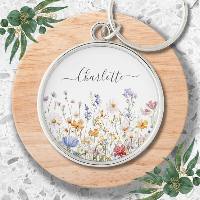 Elegant Monogram Watercolor Colorful Wildflower Keychain (In situ)