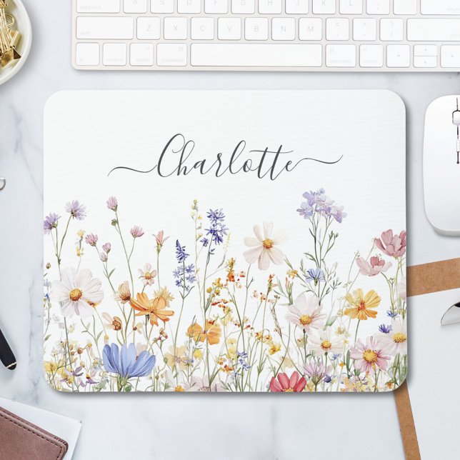 Elegant Monogram Watercolor Colorful Wildflower Mouse Pad (In situ)
