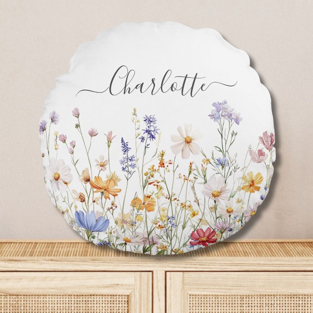 Elegant Monogram Watercolor Colorful Wildflower Round Pillow (In situ)